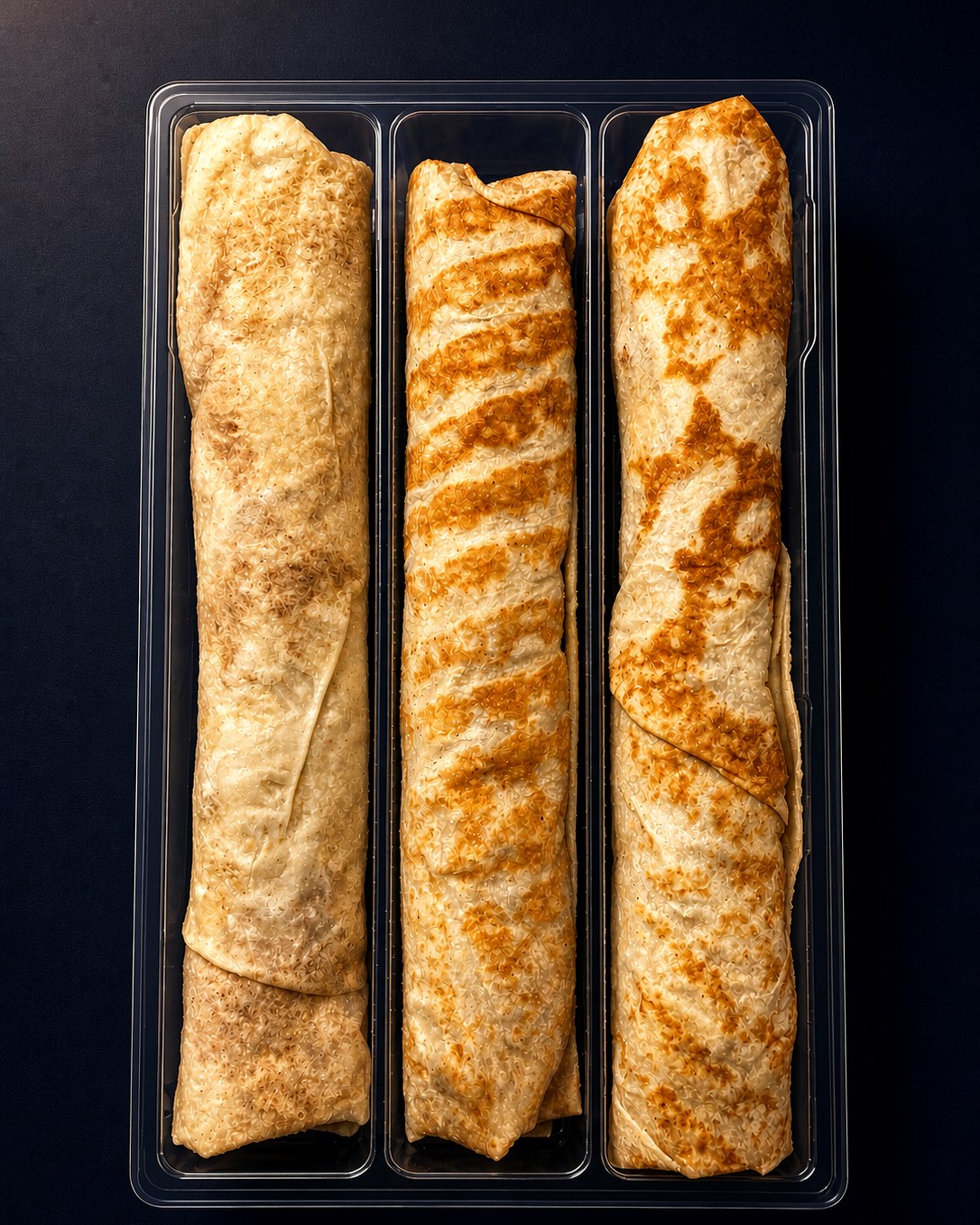Three real Olive Flame chicken shawarma wraps prepared with the Levantine pan method